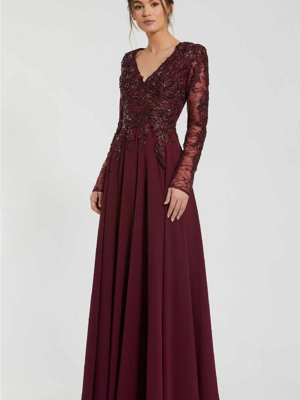 Mac Duggal Deep Burgundy Beaded Lace Long Sleeve Evening Gown